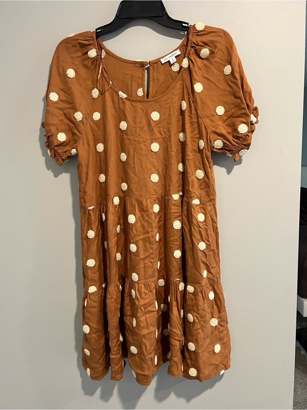 Blu Pepper Rust Brown Tiered Dress with Cream Pom Dots
